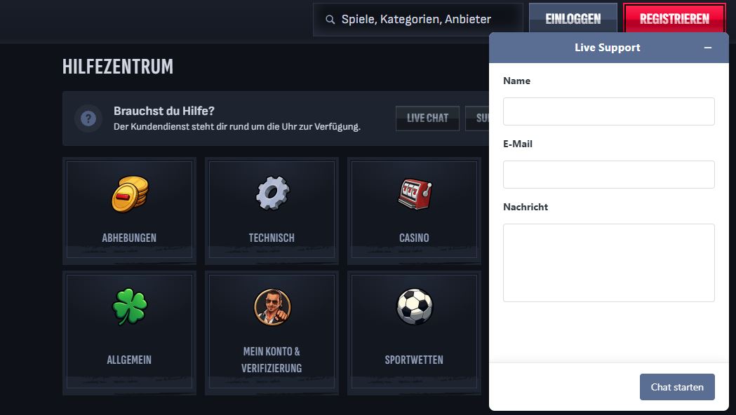Besuche Hilfezentrum oder starte den Live-Chat Support